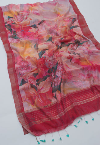 Digital Print Saree with Red Colour and Border With Red Shade-(SA-608)