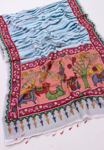 Malabari Digital Print Saree with Blue Colour and Border With Brown Shade-(SA-577)