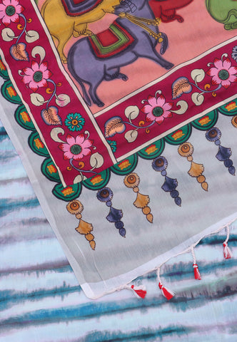 Malabari Digital Print Saree with Blue Colour and Border With Brown Shade-(SA-577)