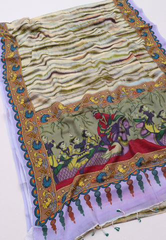 Malabari Digital Print Saree with Green Colour and Border With Blue Shade-(SA-578)
