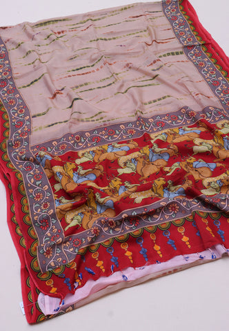 Malabari Digital Print Saree with Cream Colour and Border With Red Shade - (SA-565)