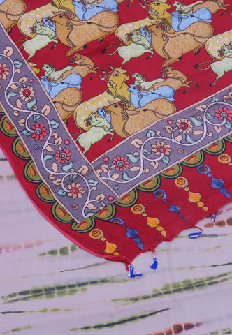 Malabari Digital Print Saree with Cream Colour and Border With Red Shade - (SA-565)