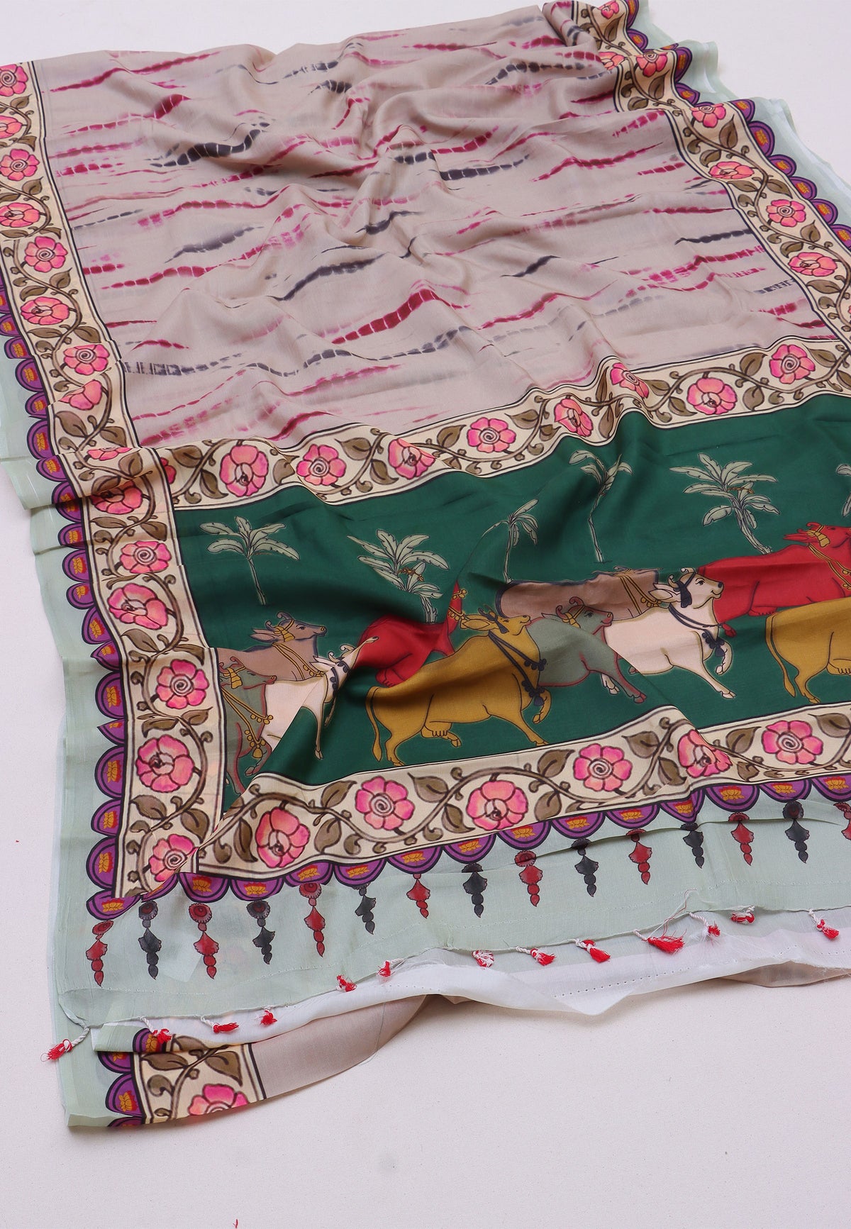 Malabari Digital Print Saree with Cream Colour and Border With Green Shade - (SA-566)
