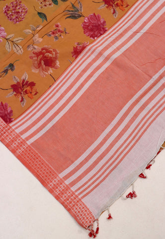 Digital Print Saree with Yellow Colour and Border With Orange Shade-(SA-583)