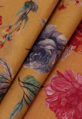 Digital Print Saree with Yellow Colour and Border With Orange Shade-(SA-583)