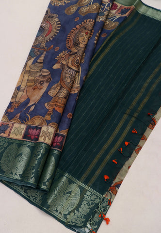 Digital Print Saree with Blue Colour and Border With Green Shade-(SA-594)
