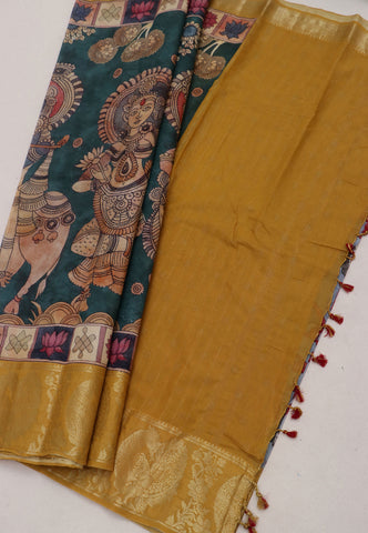 Digital Print Saree with Green Colour and Border With Gold Shade-(SA-593)