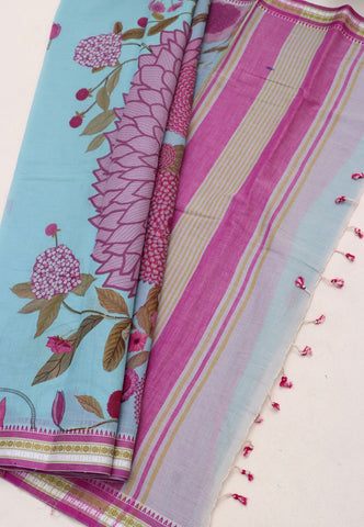 Digital Print Saree with Blue Colour and Border With Pink Shade-(SA-588)