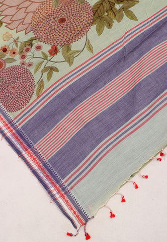 Digital Print Saree with Green Colour and Border With Blue Shade-(SA-589)