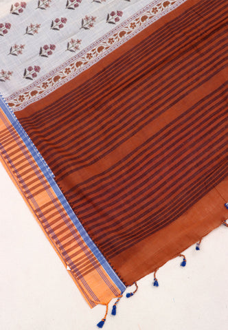 Digital Print Saree with White Colour and Border With Orange Shade-(SA-599)