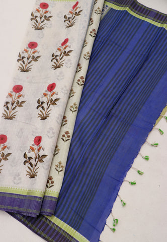 Digital Print Saree with White Colour and Border With Blue Shade-(SA-597)