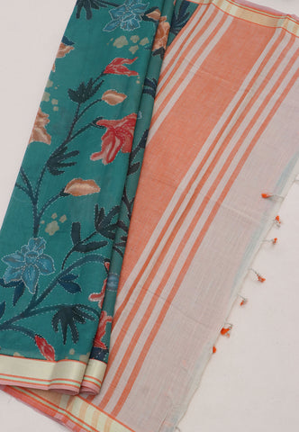 Digital Print Saree with Green Colour and Border With Orange Shade-(SA-587)