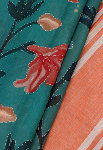 Digital Print Saree with Green Colour and Border With Orange Shade-(SA-587)