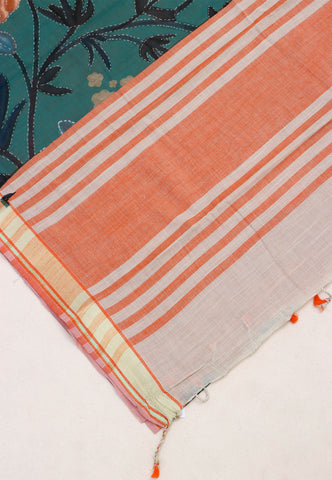 Digital Print Saree with Green Colour and Border With Orange Shade-(SA-587)