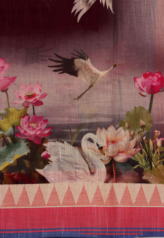 Digital Print Saree with Brown Colour and Border With Red Shade-(SA-595)