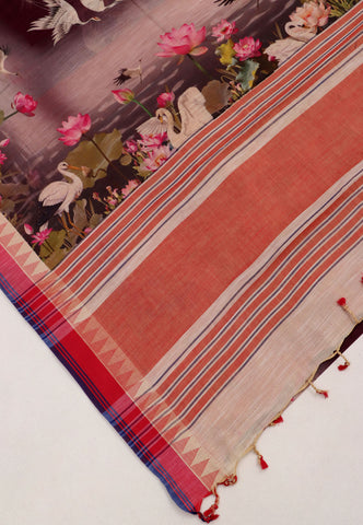 Digital Print Saree with Brown Colour and Border With Red Shade-(SA-595)