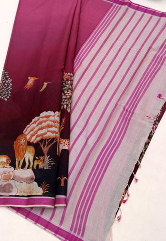 Digital Print Saree with Brown Colour and Border With Pink Shade-(SA-602)