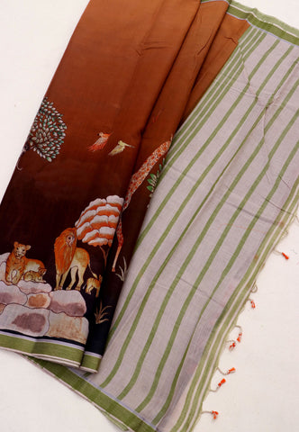 Digital Print Saree with Brown Colour and Border With Green Shade-(SA-601)