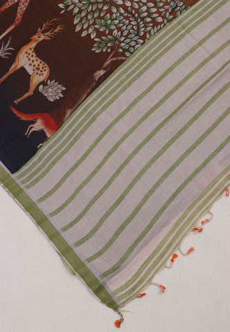 Digital Print Saree with Brown Colour and Border With Green Shade-(SA-601)