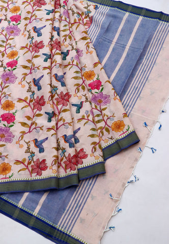 Khadi Digital Print Saree With Cream Collur and Border with Blue Shade - (SA-452)