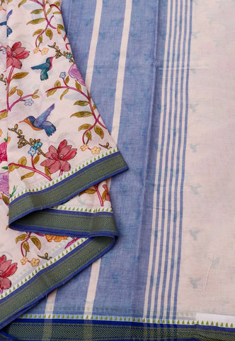 Khadi Digital Print Saree With Cream Collur and Border with Blue Shade - (SA-452)