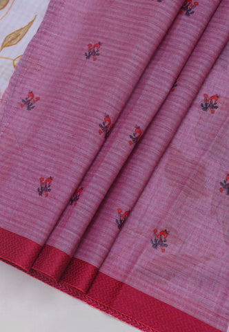 Khadi Digital Print Saree With White Collur and Border with Pink Shade - (SA-520)