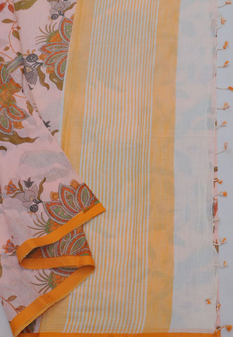 Khadi Digital Print Saree With Cream Collur and Border with Orange Shade - (SA-519)
