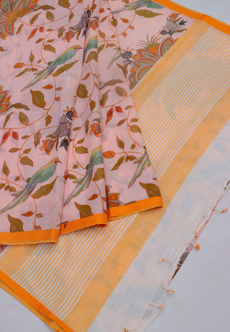 Khadi Digital Print Saree With Cream Collur and Border with Orange Shade - (SA-519)