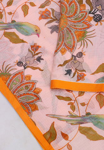 Khadi Digital Print Saree With Cream Collur and Border with Orange Shade - (SA-519)