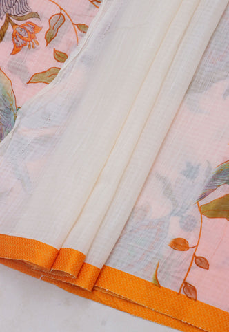 Khadi Digital Print Saree With Cream Collur and Border with Orange Shade - (SA-519)