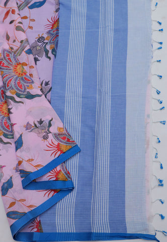 Khadi Digital Print Saree With White Cream and Border with Blue Shade - (SA-521)