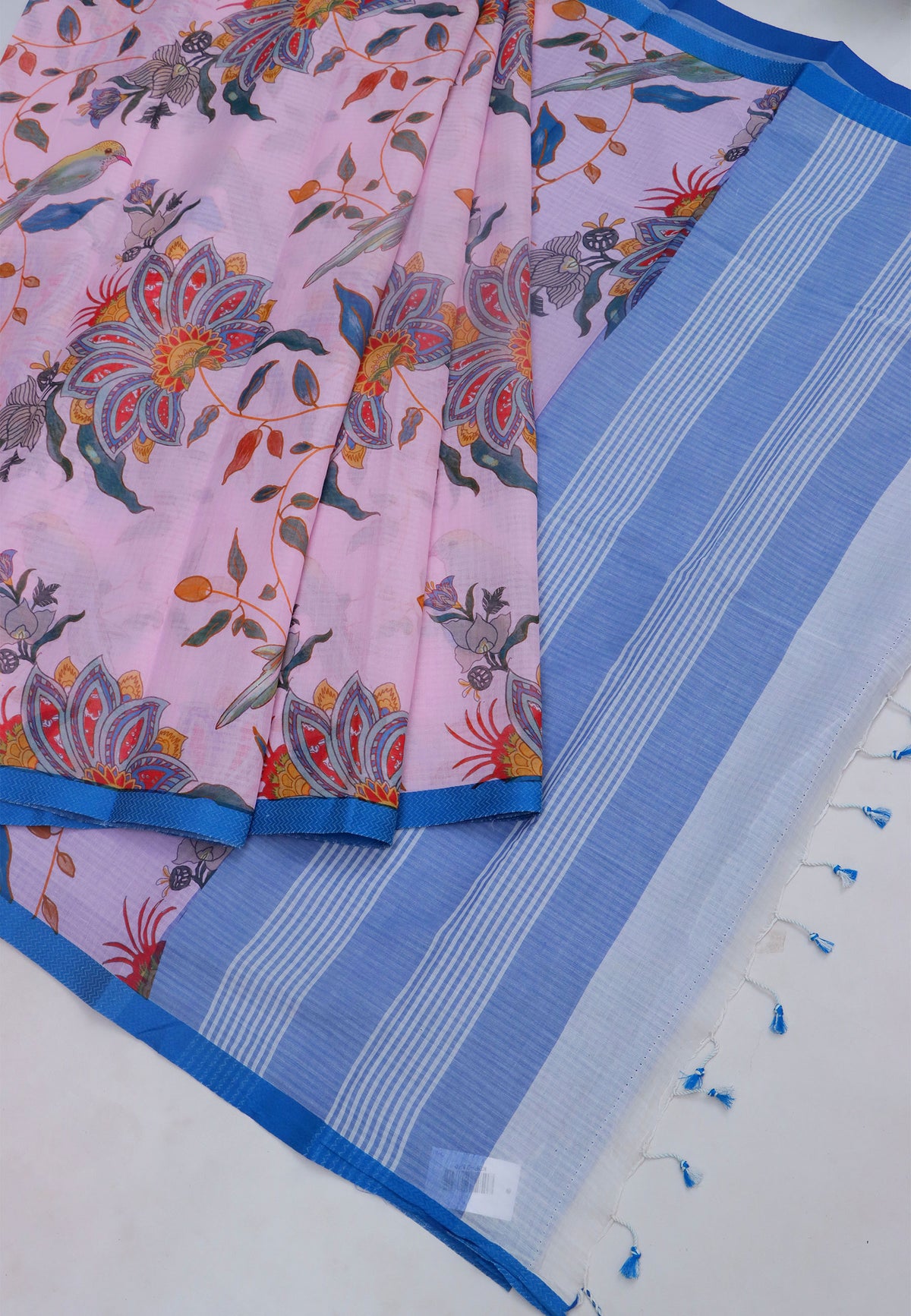 Khadi Digital Print Saree With White Cream and Border with Blue Shade - (SA-521)