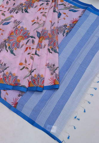 Khadi Digital Print Saree With White Cream and Border with Blue Shade - (SA-521)