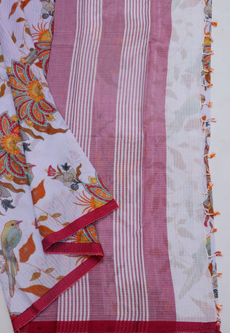 Khadi Digital Print Saree With White Collur and Border with Pink Shade - (SA-520)
