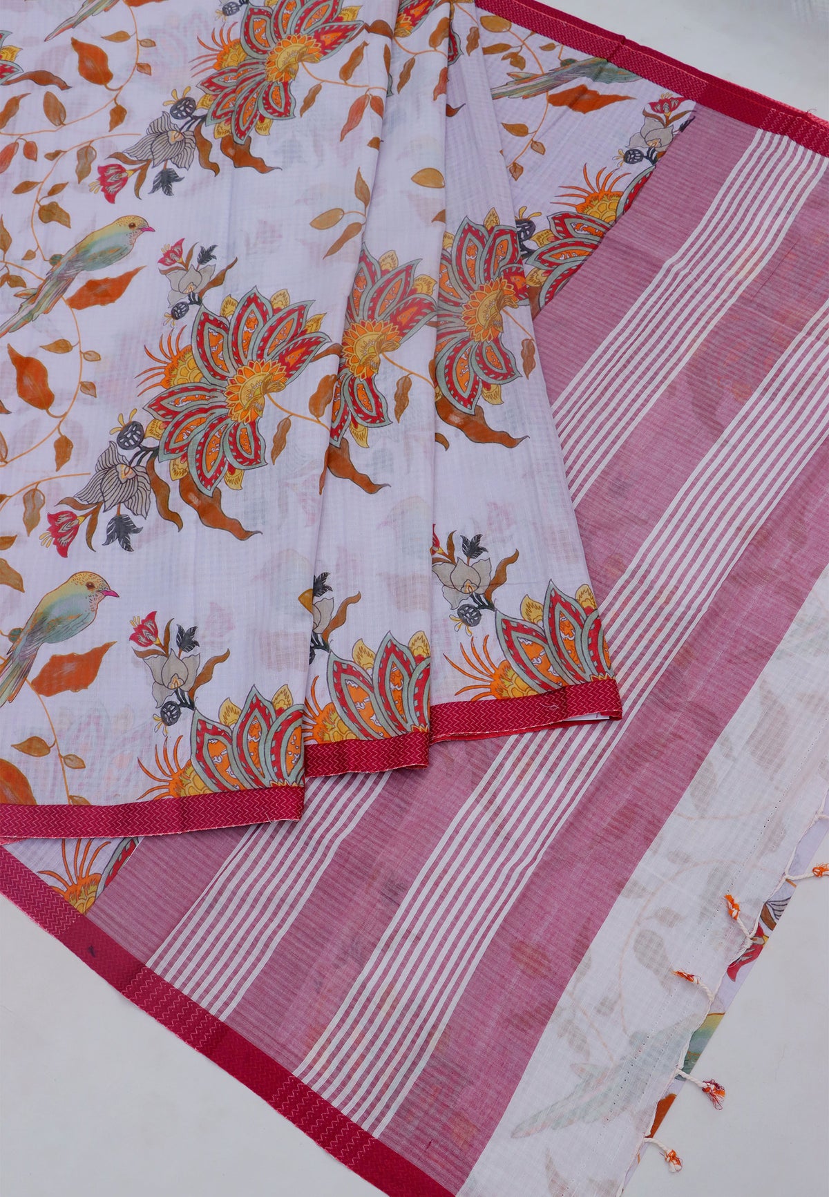 Khadi Digital Print Saree With White Collur and Border with Pink Shade - (SA-520)