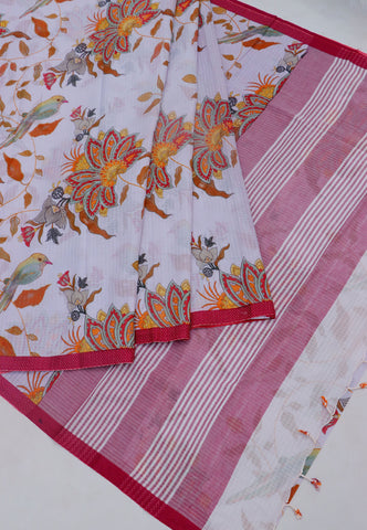 Khadi Digital Print Saree With White Collur and Border with Pink Shade - (SA-520)