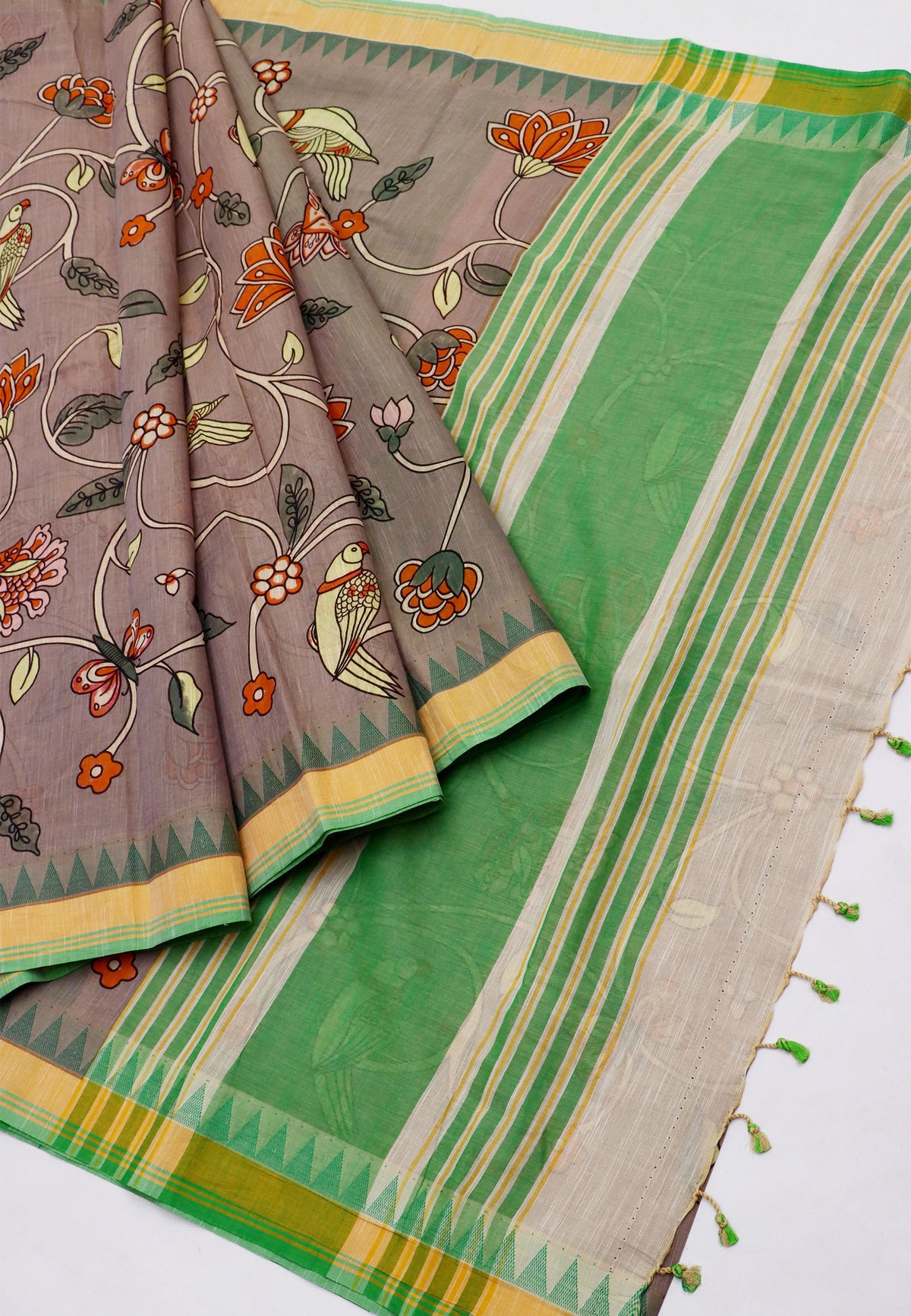 Khadi Digital Print Saree With Brown Collur and Border with Green Shade - (SA-411)