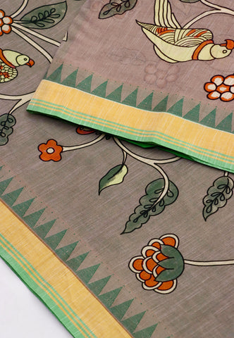 Khadi Digital Print Saree With Brown Collur and Border with Green Shade - (SA-411)