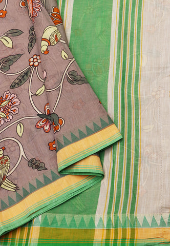 Khadi Digital Print Saree With Brown Collur and Border with Green Shade - (SA-411)