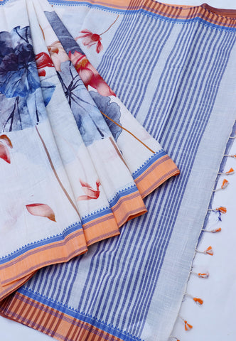 Khadi Digital Print Saree With White Collur and Border with Orange Shade - (SA-450)