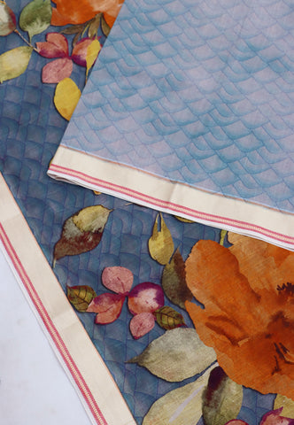 Khadi Digital Print Saree With Brown Collur and Border with Blue Shade - (SA-419)