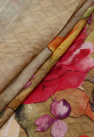 Khadi Digital Print Saree With Brown Collur and Border with Blue Shade - (SA-419)