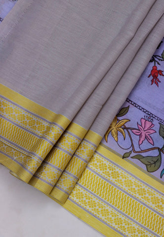 Khadi Digital Print Saree With White Brown and Border with Yellow Shade - (SA-523)