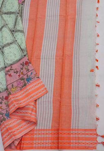 Khadi Digital Print Saree With White Green and Border with Orange Shade - (SA-524)