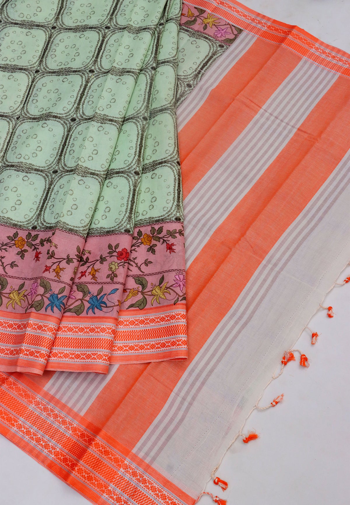 Khadi Digital Print Saree With White Green and Border with Orange Shade - (SA-524)
