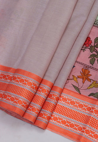 Khadi Digital Print Saree With White Green and Border with Orange Shade - (SA-524)