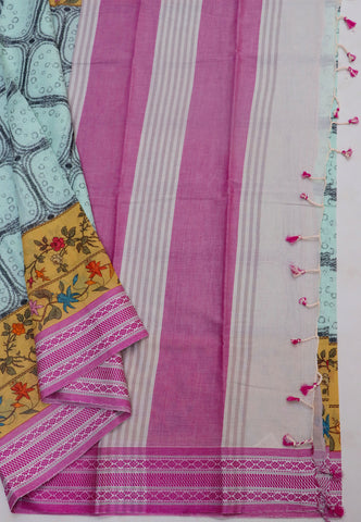 Khadi Digital Print Saree With White Gray and Border with Pink Shade - (SA-522)