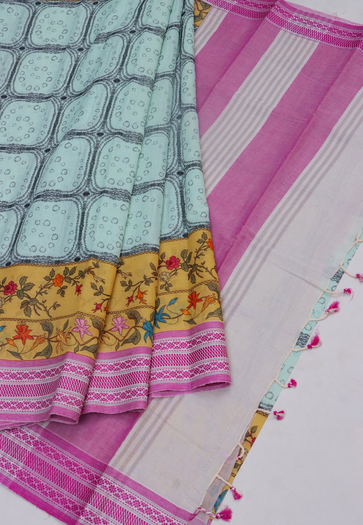 Khadi Digital Print Saree With White Gray and Border with Pink Shade - (SA-522)