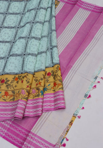Khadi Digital Print Saree With White Gray and Border with Pink Shade - (SA-522)