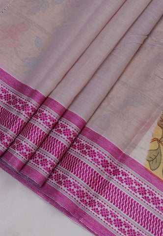 Khadi Digital Print Saree With White Gray and Border with Pink Shade - (SA-522)